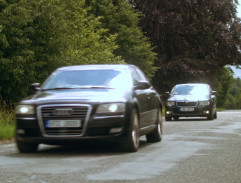 Auta s Dostálem projíždí alejí